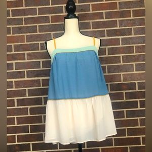 LOFT Colorblock Periwinkle Blue Ivory Yellow Halter Tank Top Blouse Tassels M